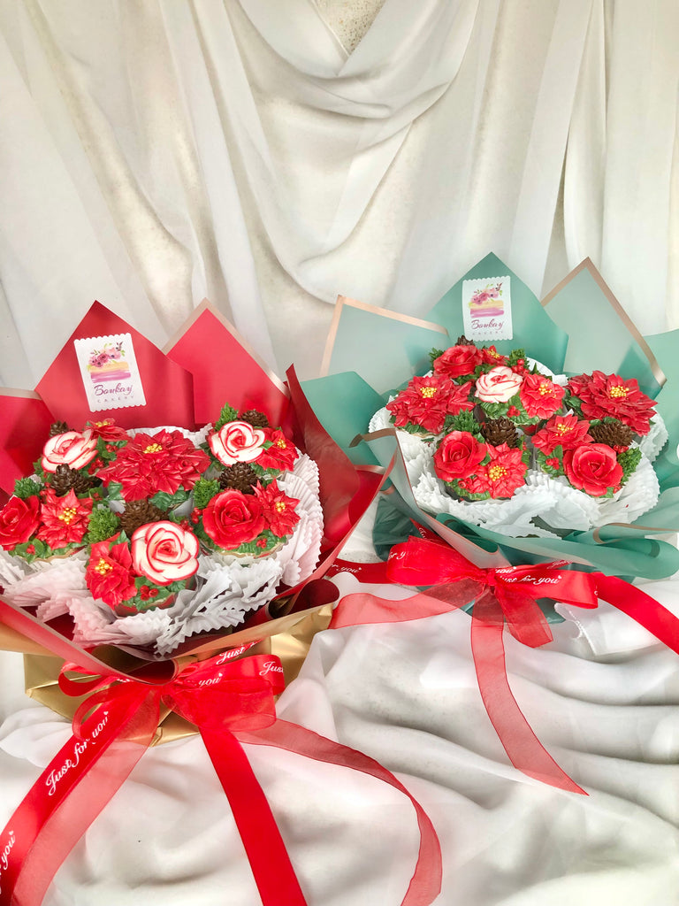 Christmas Blossoms Cupcake Bouquet (Green Flower Wrapping)