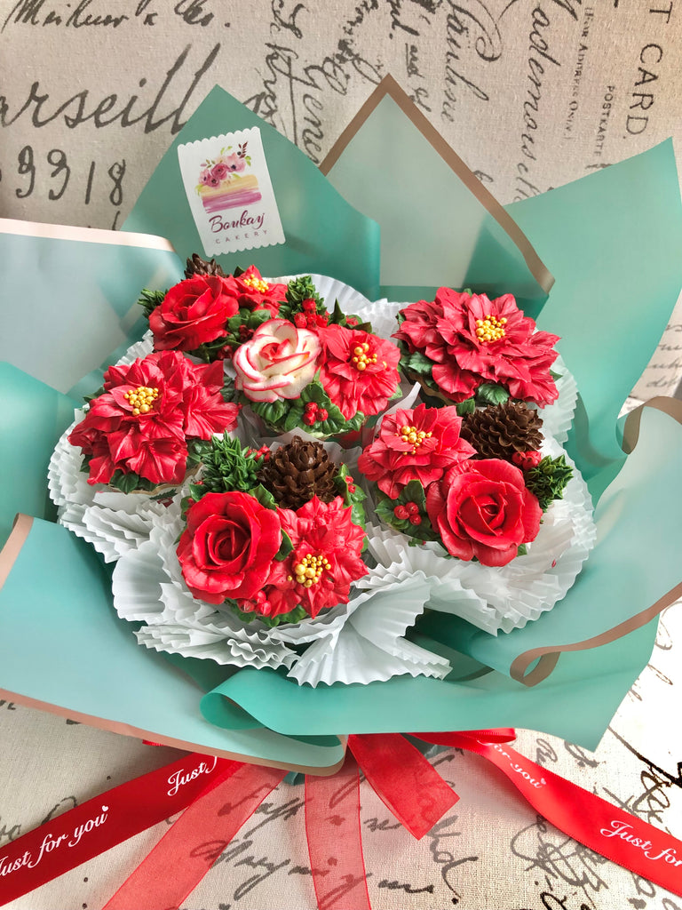 Christmas Blossoms Cupcake Bouquet (Green Flower Wrapping)