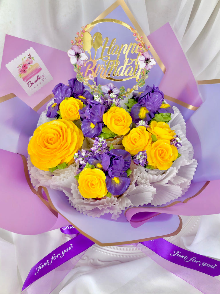 Royal Iris and Sunny Roses Cupcake Bouquet