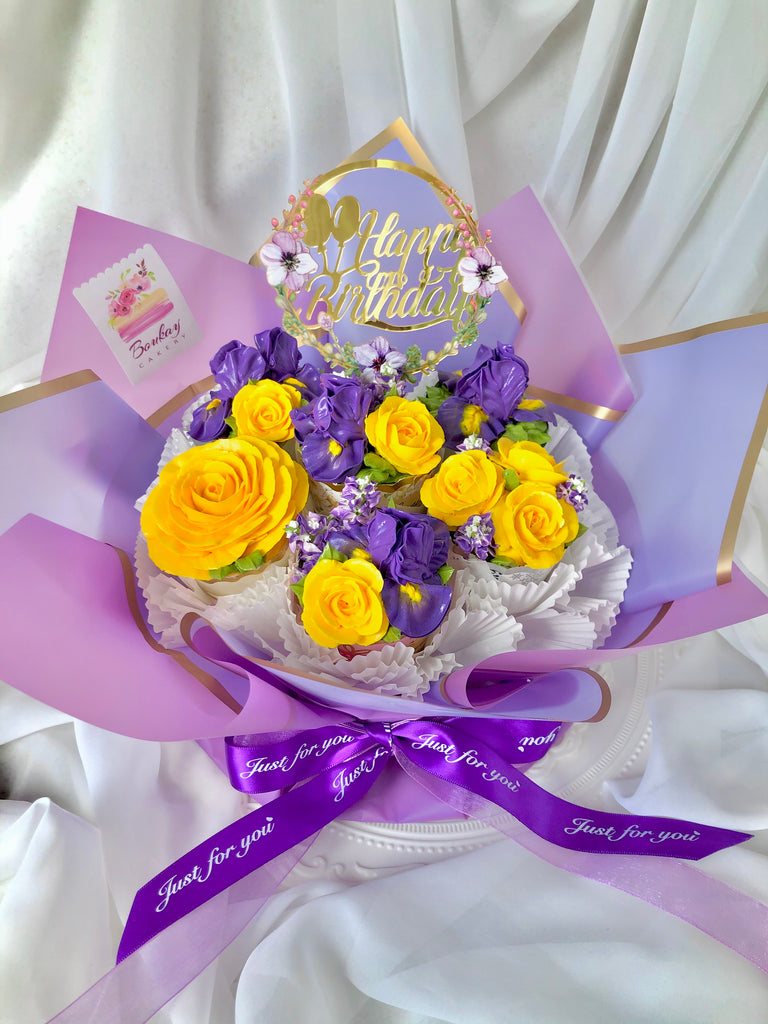 Royal Iris and Sunny Roses Cupcake Bouquet