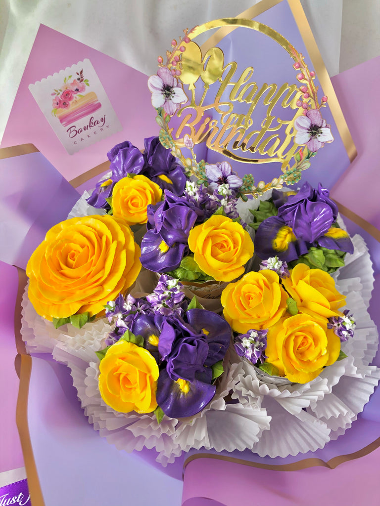 Royal Iris and Sunny Roses Cupcake Bouquet