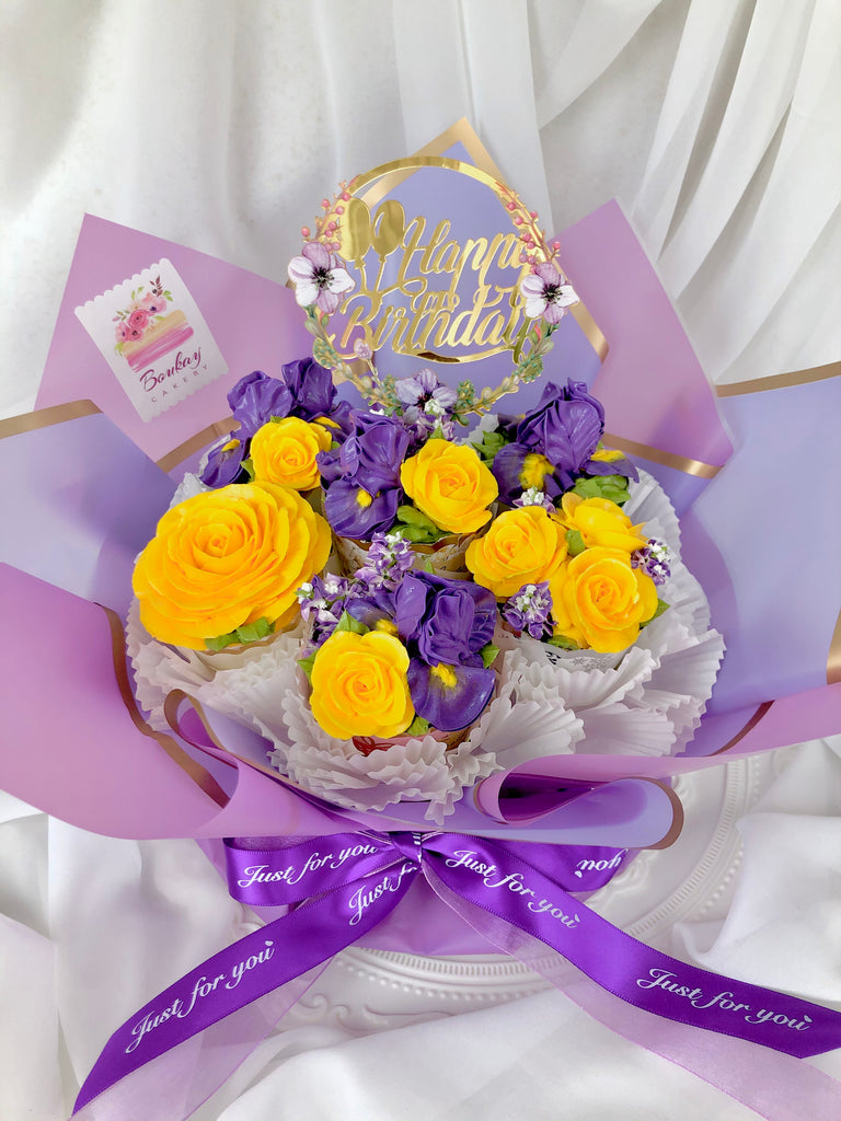 Royal Iris and Sunny Roses Cupcake Bouquet