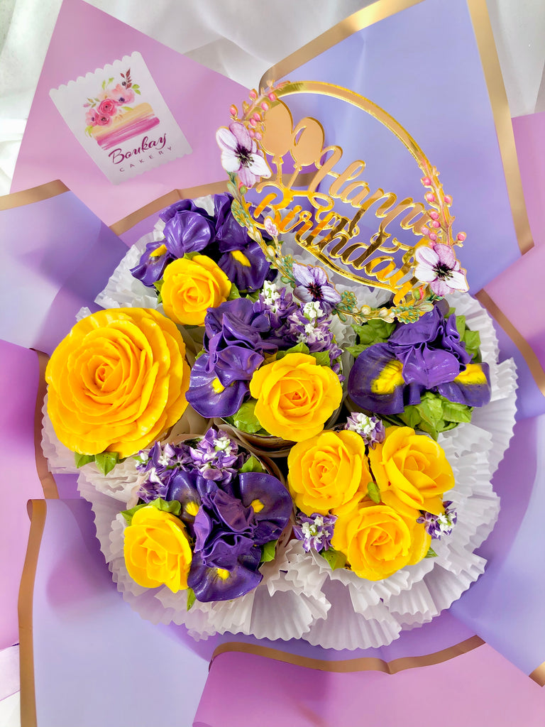 Royal Iris and Sunny Roses Cupcake Bouquet